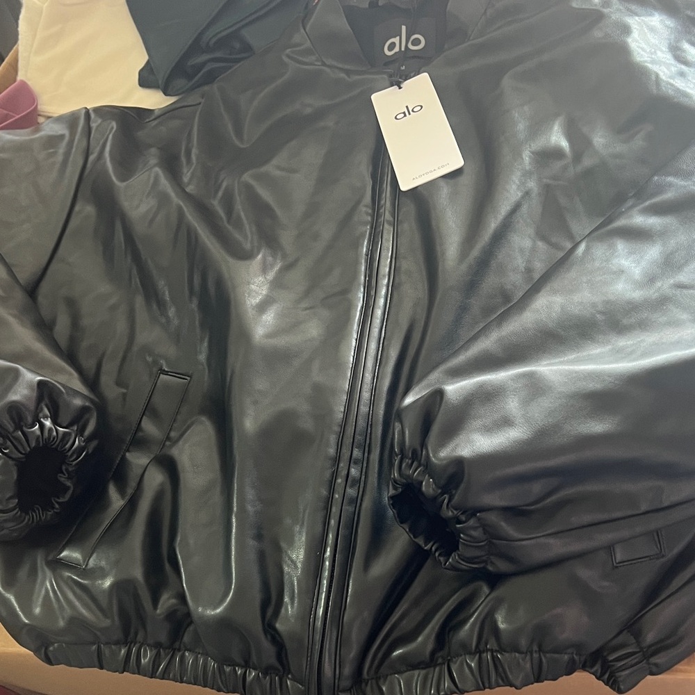 ALO Yoga Women's Dark Gray Faux Leather Jacket - Picture 5 of 10